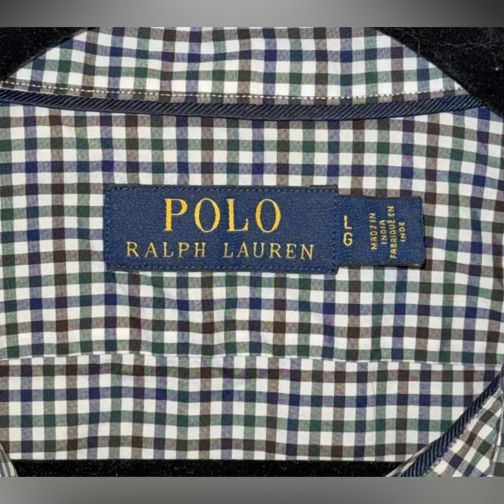 Polo Ralph Lauren Shirt Check Plaid Navy Green white Long Sleeve Pony Mens L - Picture 4 of 11